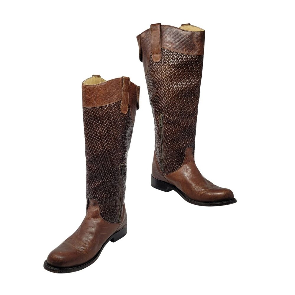 Vtg Stetson Knee-High Brown Woven‎ Leather Equestrian Boots Sz 8.5 Handmade